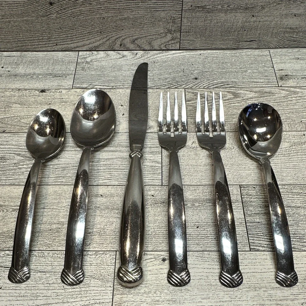 Oneida USA Rattan Stainless Steel Shiny Silver Etched Flatware 6PC Vintage